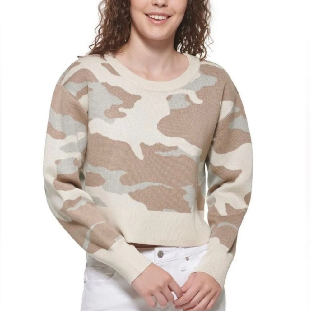 Large DKNY camo cropped sweatshirt. Khaki tan pattern, thick knit